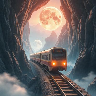 Primary subject: A train traveling through a tunnel.

Setting/background: The train is traveling through a mountainous area, with a moon visible in the sky above.

Visual style: The image is a digital art illustration.

Colors and mood: The scene has a dark and moody atmosphere, with the train and the moon being the main sources of light.